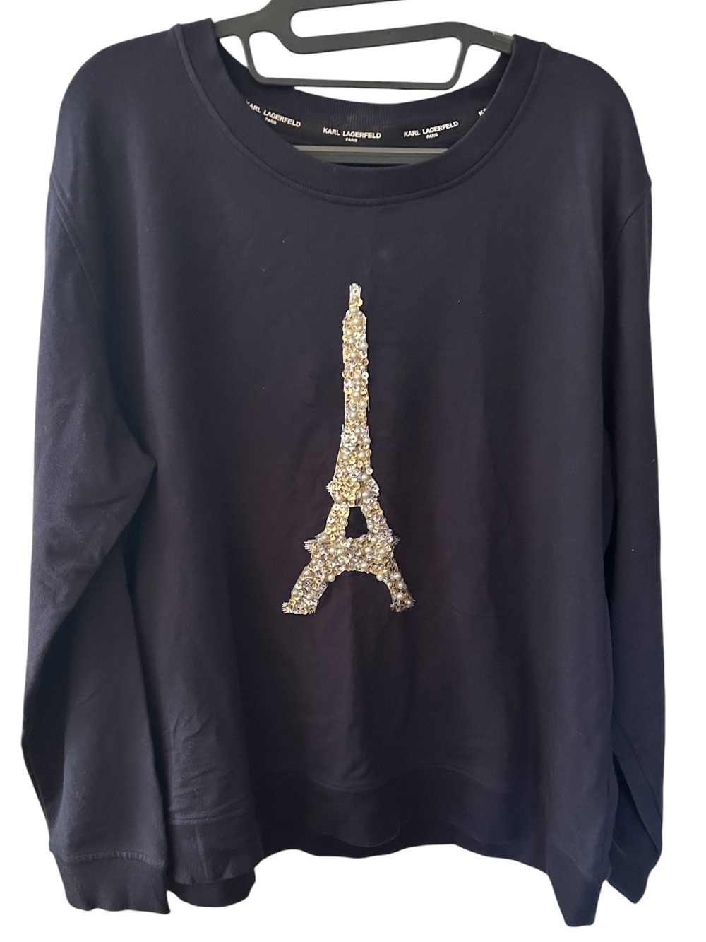 Karl Lagerfeld Paris Embellished Eiffel Tower Sweatshirt Sequin Crewneck Navy XL